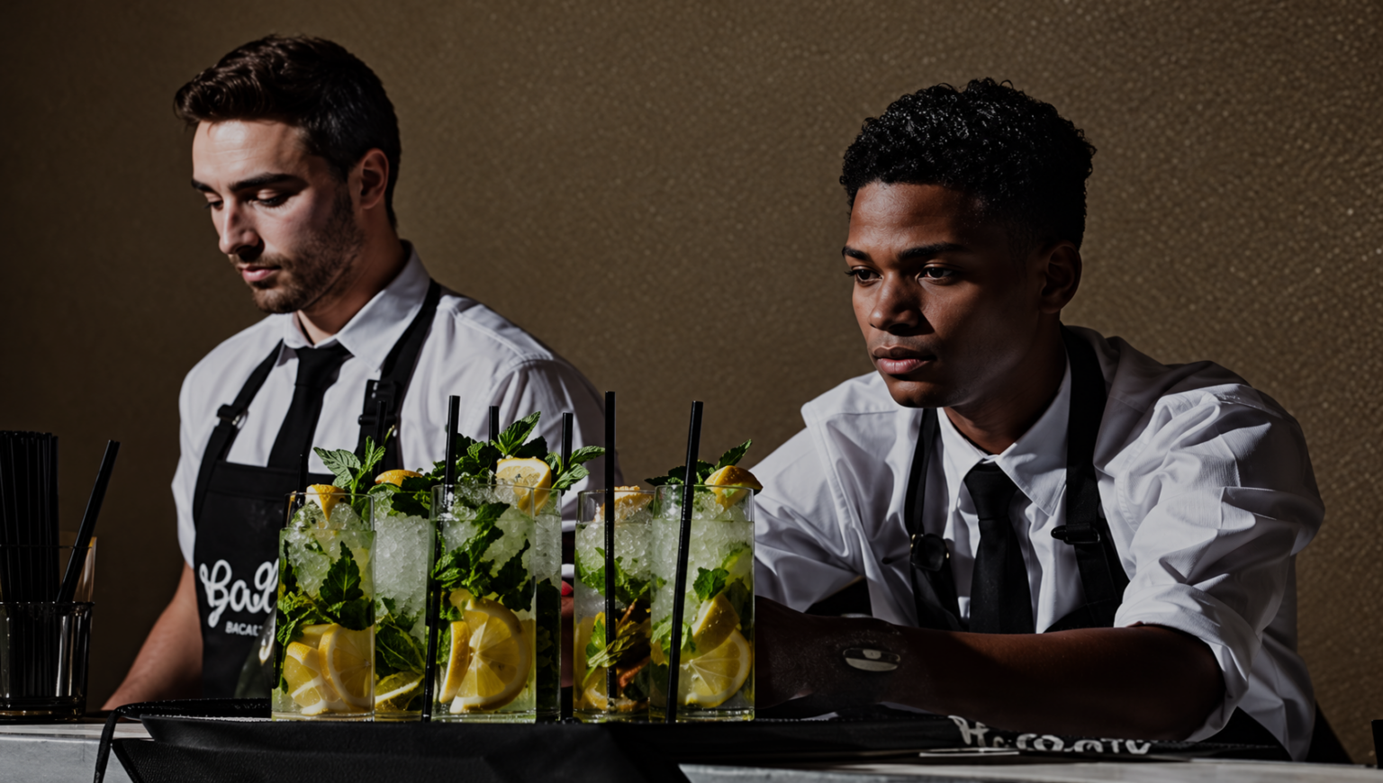 Corporate event hospitality staff preparing drinks and refreshments for guests