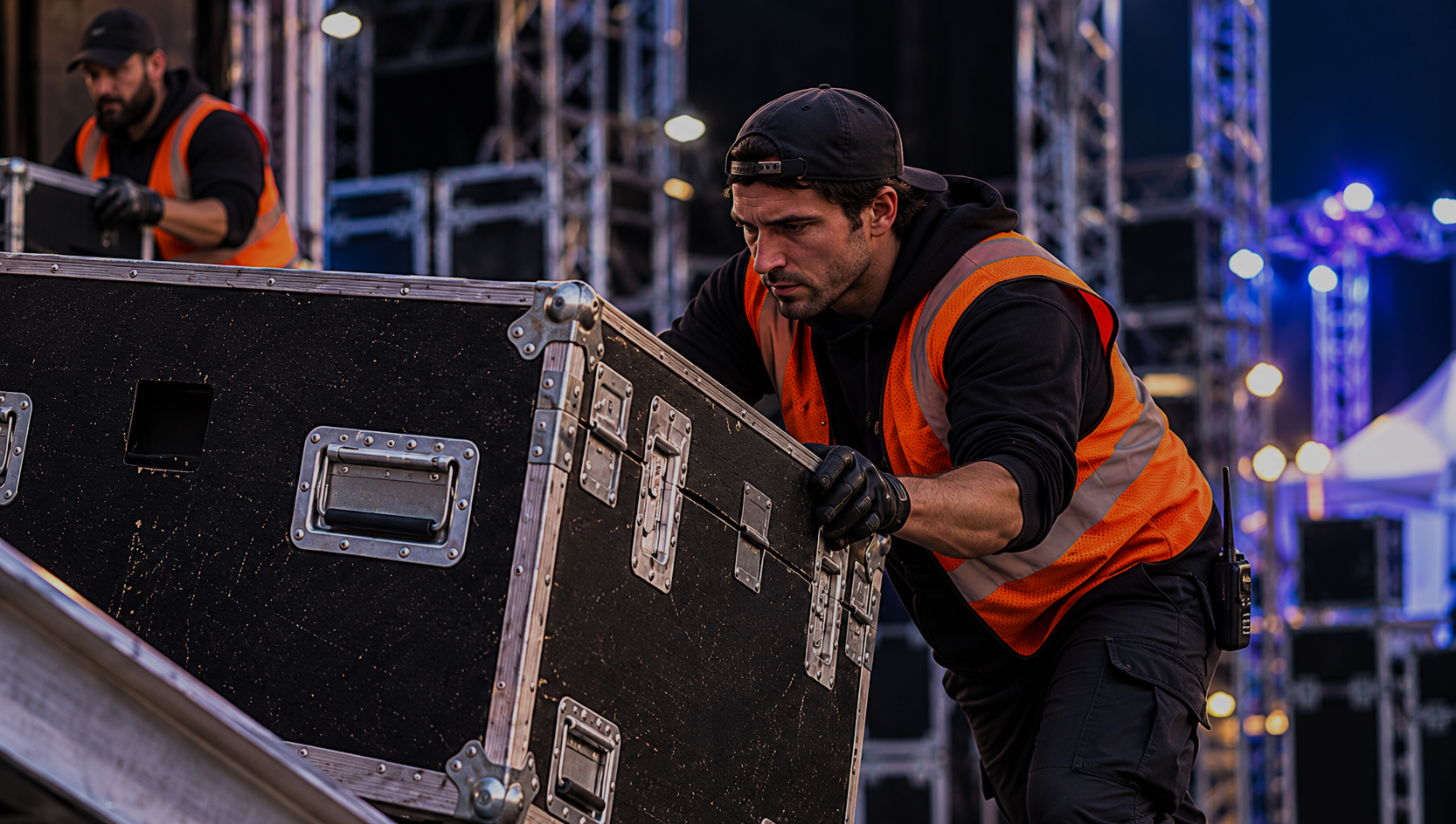 Event labor crew member moving a production road case during event load-in