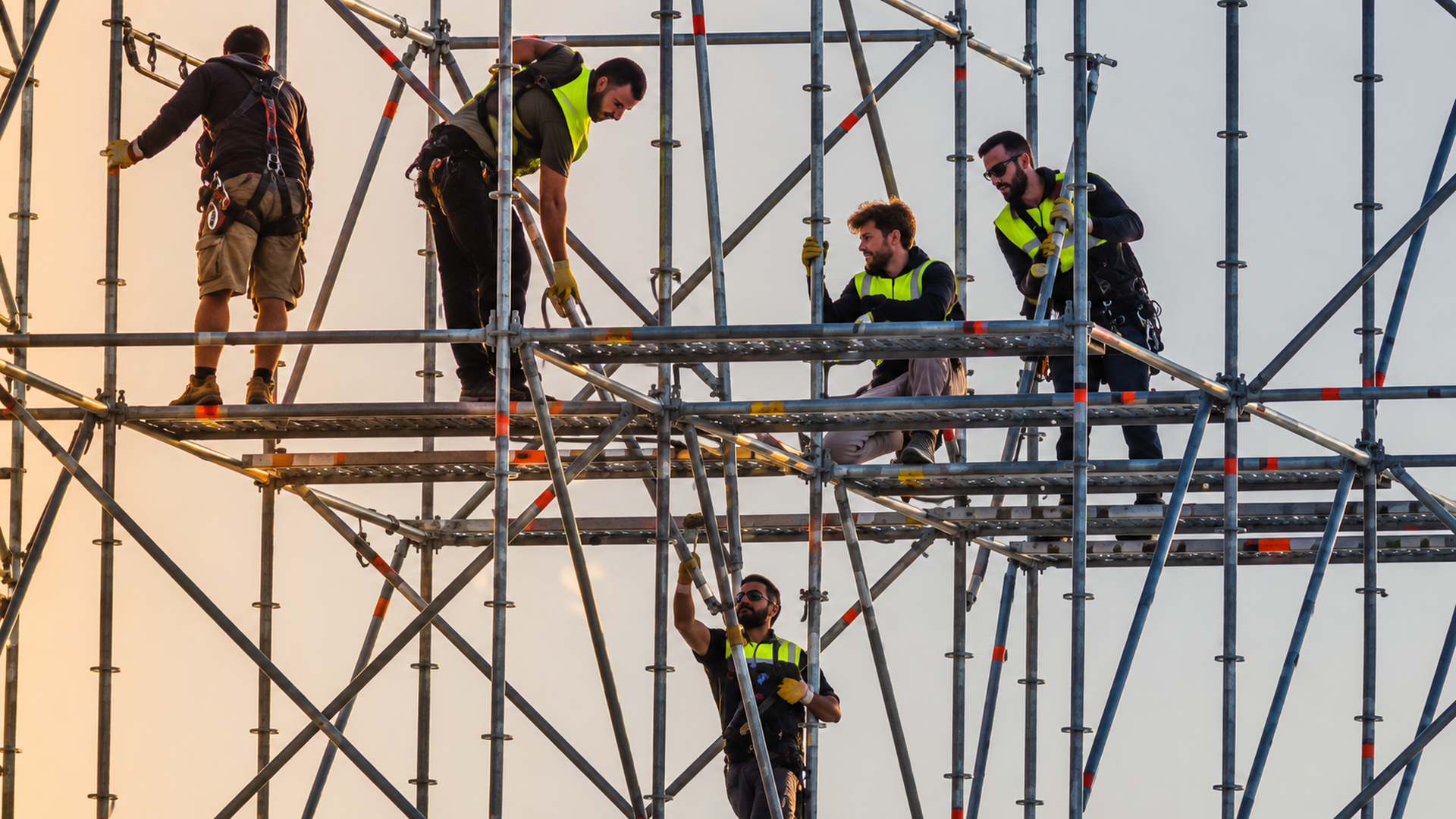 Stagehand services crew wearing safety harnesses and working on a scaffold structure